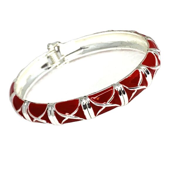 Vintage Red Silver Tone Bangle Bracelet 7.5" Hinged Nautical Formal Christmas - Picture 3 of 10